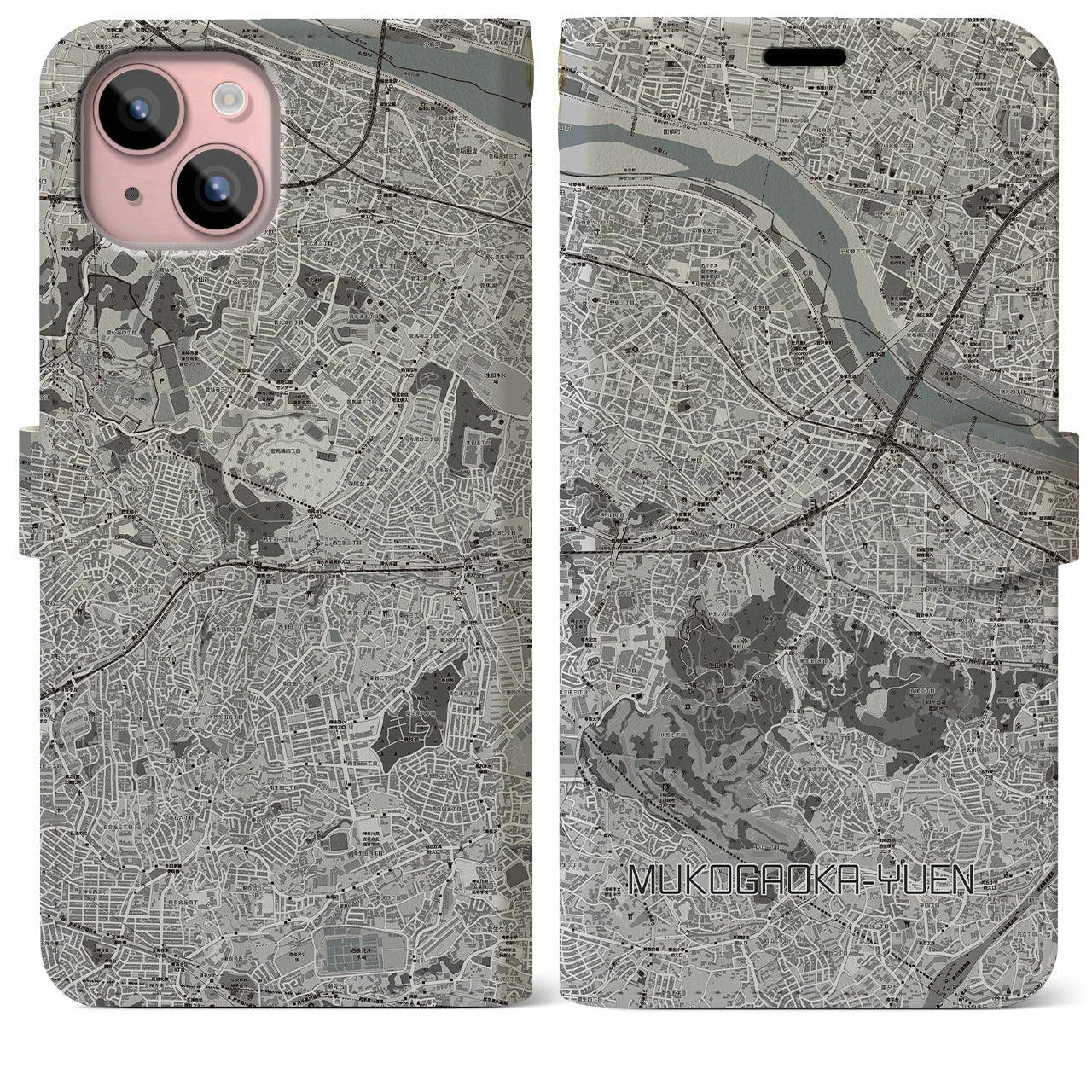 【向ヶ丘遊園(神奈川県)】地図柄iPhoneケース(手帳タイプ)モノトーン・iPhone 15 Plus 用