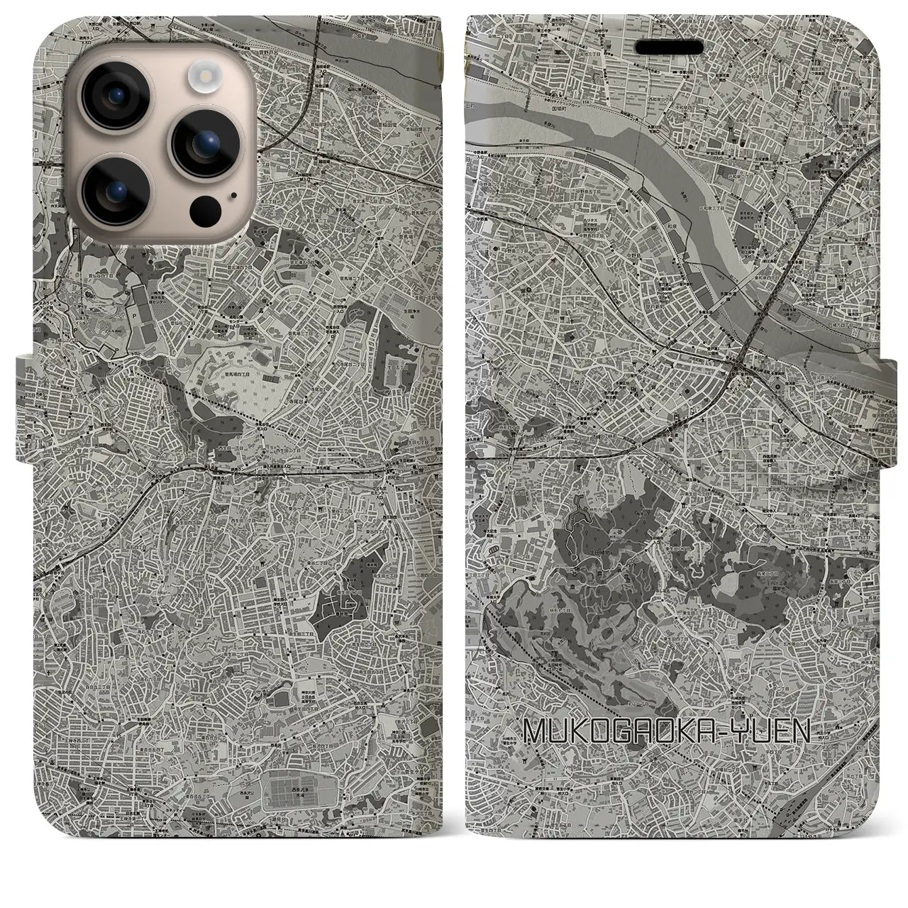 【向ヶ丘遊園(神奈川県)】地図柄iPhoneケース(手帳タイプ)モノトーン・iPhone 16 Plus 用