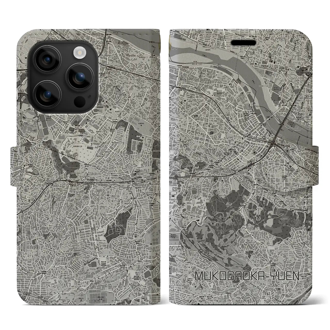 【向ヶ丘遊園(神奈川県)】地図柄iPhoneケース(手帳タイプ)モノトーン・iPhone 16 用