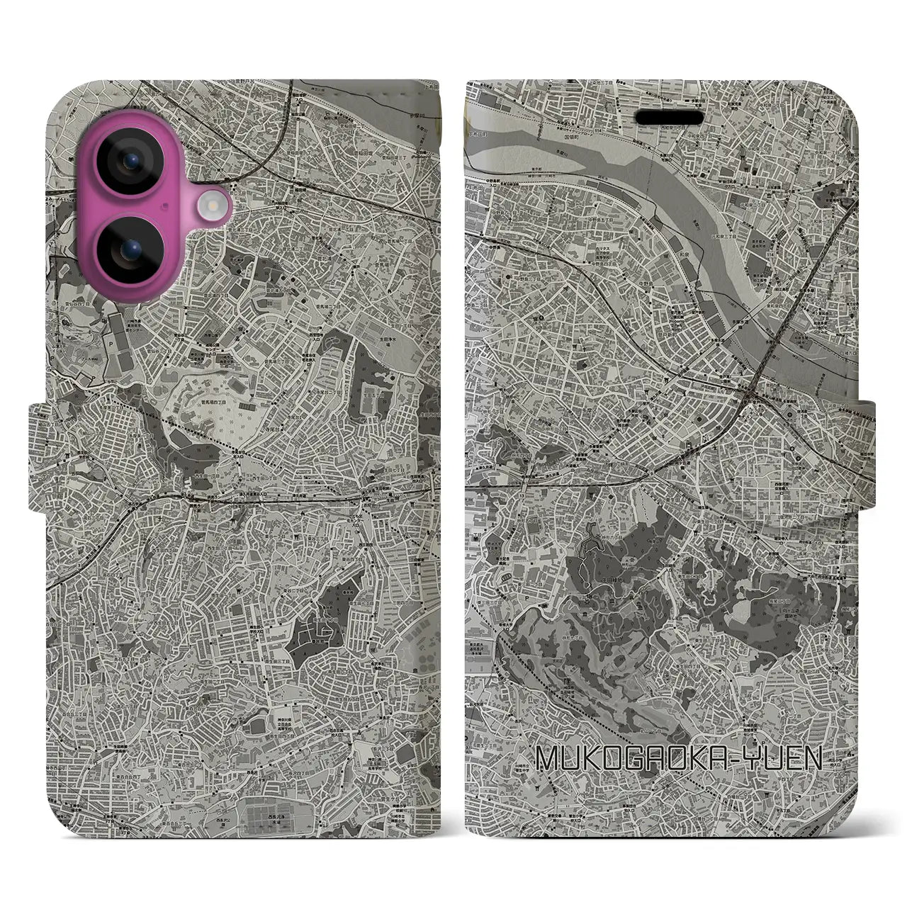 【向ヶ丘遊園(神奈川県)】地図柄iPhoneケース(手帳タイプ)モノトーン・iPhone 16 Pro 用