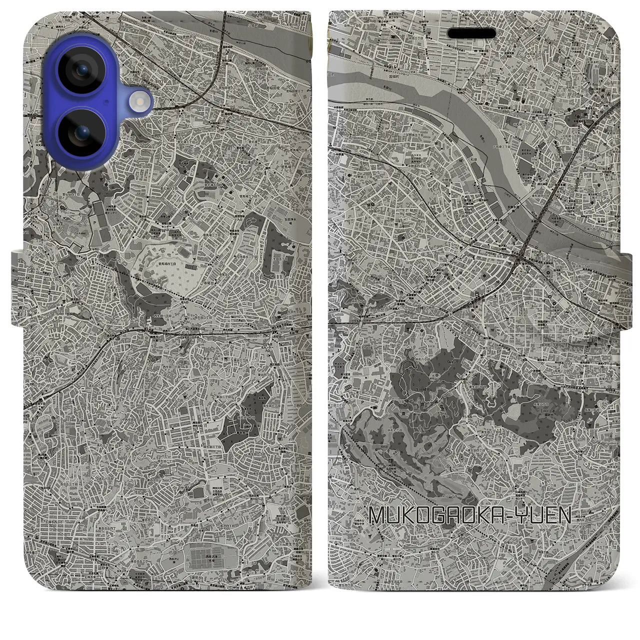 【向ヶ丘遊園(神奈川県)】地図柄iPhoneケース(手帳タイプ)モノトーン・iPhone 16 Pro Max 用