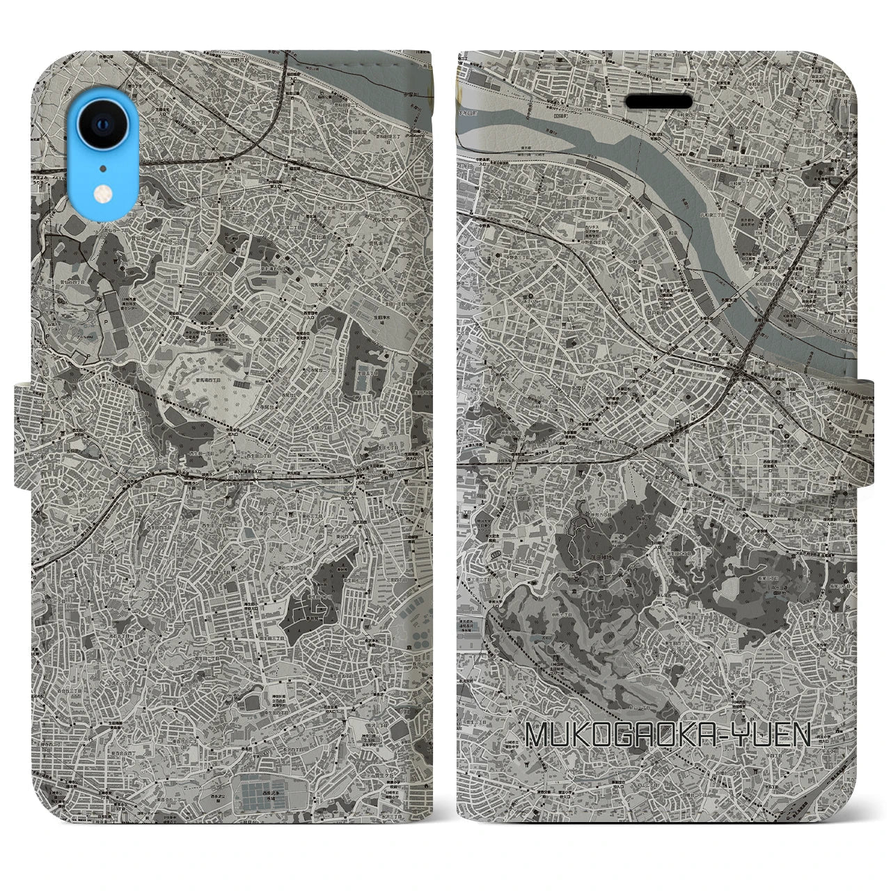 【向ヶ丘遊園(神奈川県)】地図柄iPhoneケース(手帳タイプ)モノトーン・iPhone XR 用