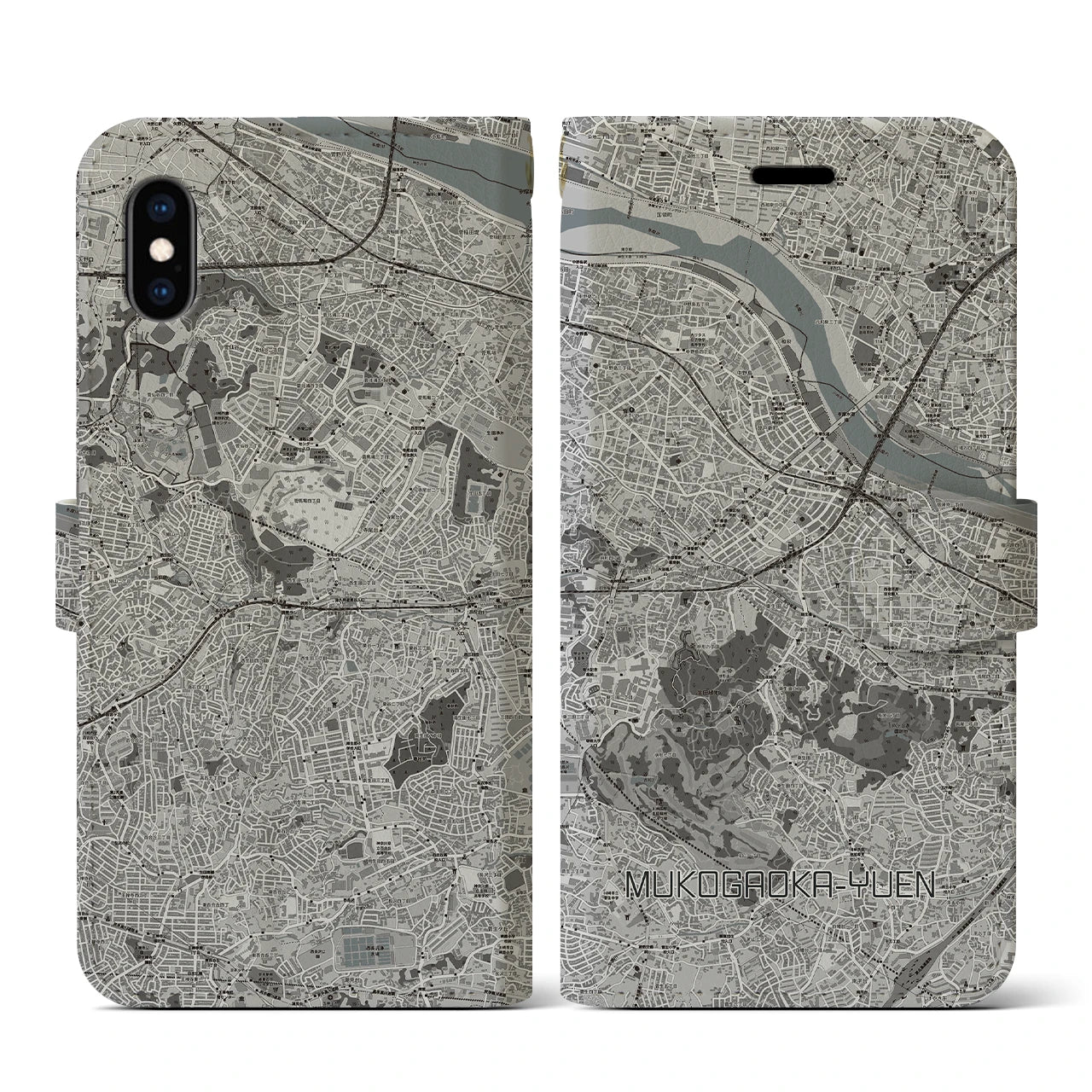 【向ヶ丘遊園(神奈川県)】地図柄iPhoneケース(手帳タイプ)モノトーン・iPhone XS / X 用