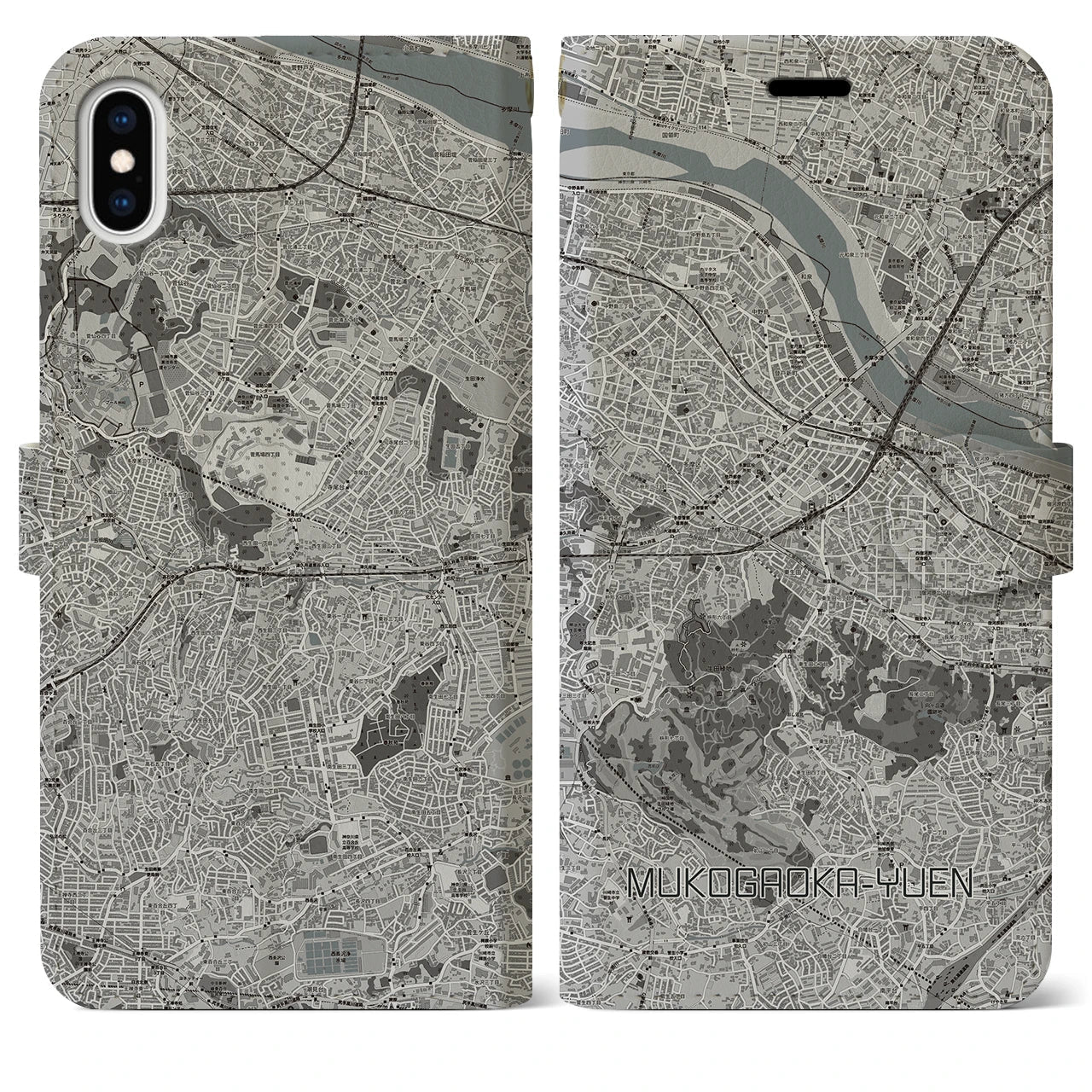 【向ヶ丘遊園(神奈川県)】地図柄iPhoneケース(手帳タイプ)モノトーン・iPhone XS Max 用