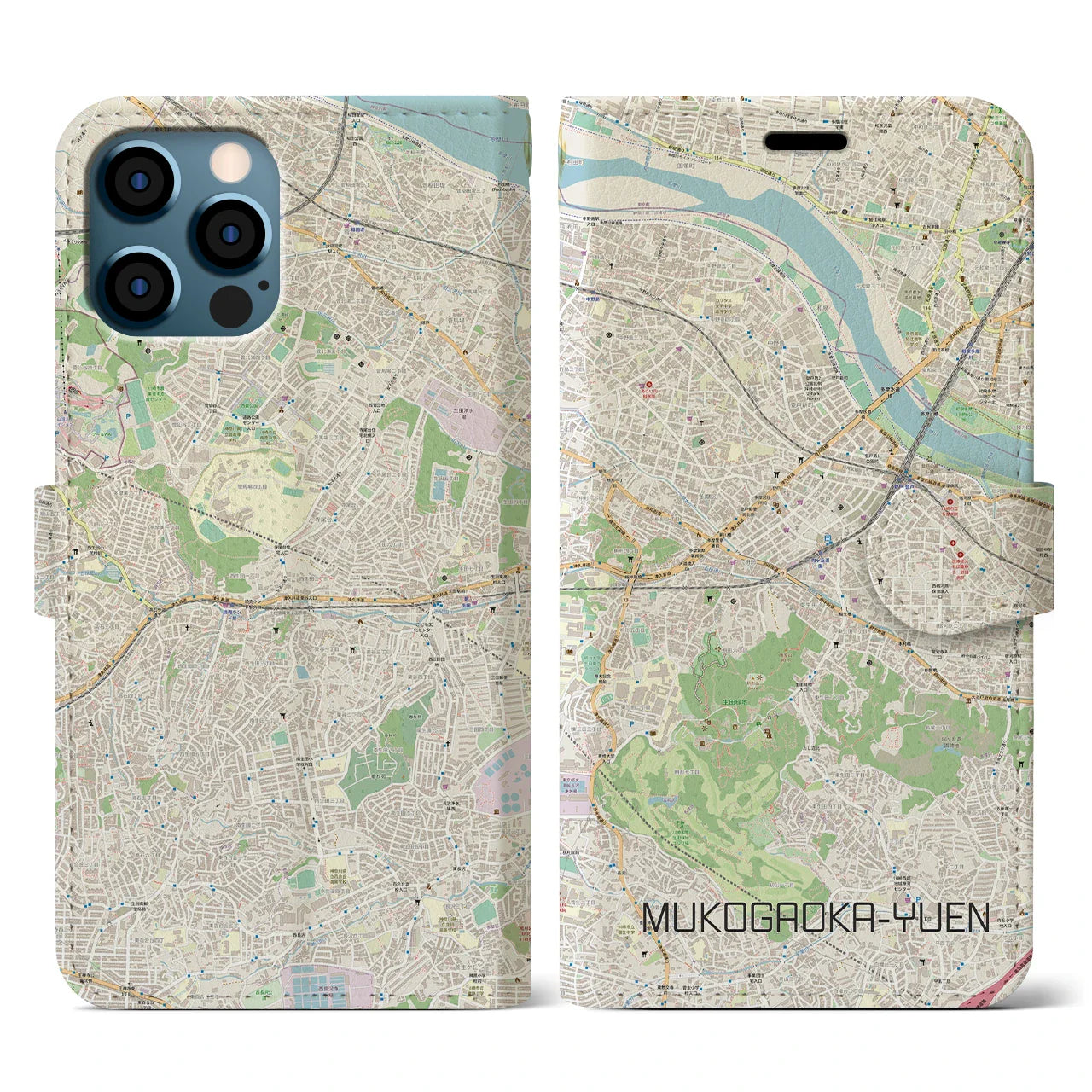 【向ヶ丘遊園(神奈川県)】地図柄iPhoneケース(手帳タイプ)ナチュラル・iPhone 12 / 12 Pro 用
