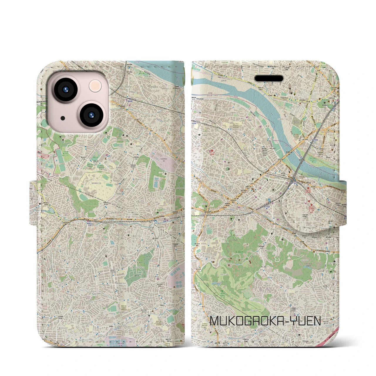 【向ヶ丘遊園(神奈川県)】地図柄iPhoneケース(手帳タイプ)ナチュラル・iPhone 13 mini 用