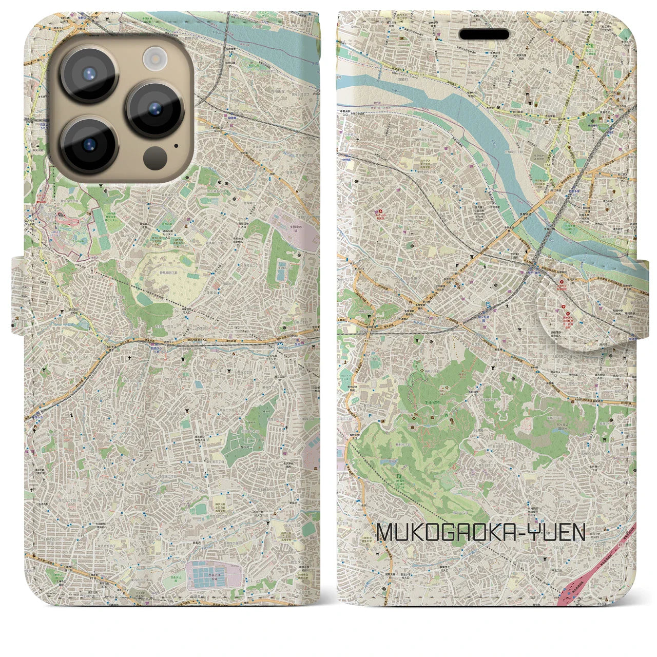 【向ヶ丘遊園(神奈川県)】地図柄iPhoneケース(手帳タイプ)ナチュラル・iPhone 14 Pro Max 用