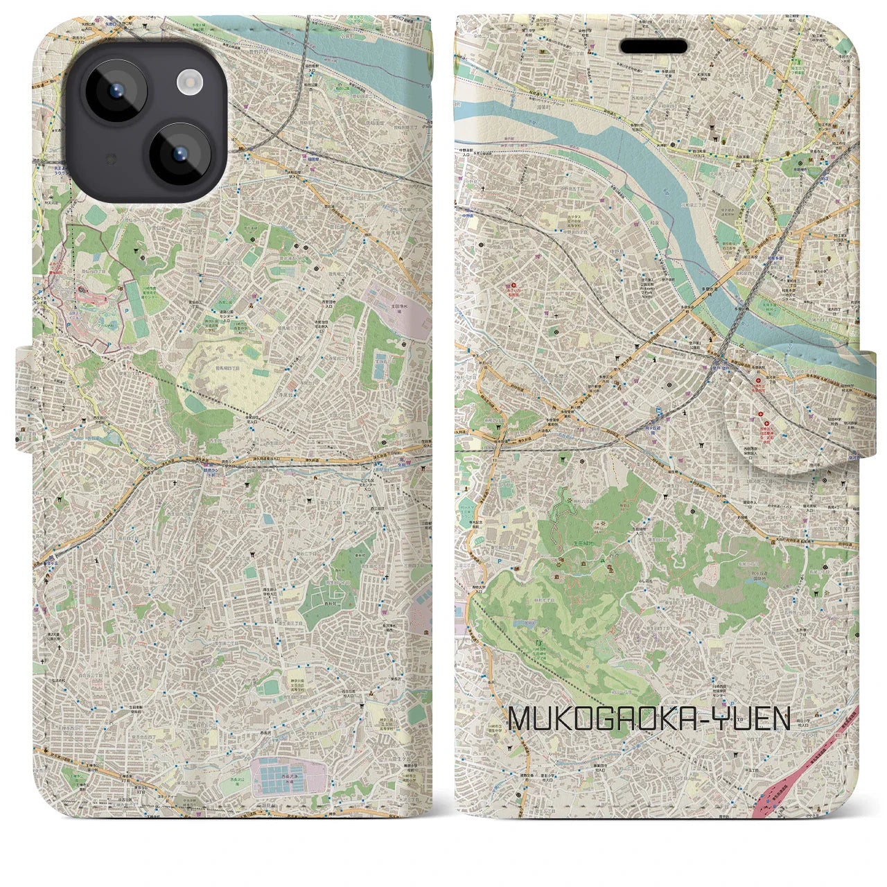 【向ヶ丘遊園(神奈川県)】地図柄iPhoneケース(手帳タイプ)ナチュラル・iPhone 14 Plus 用