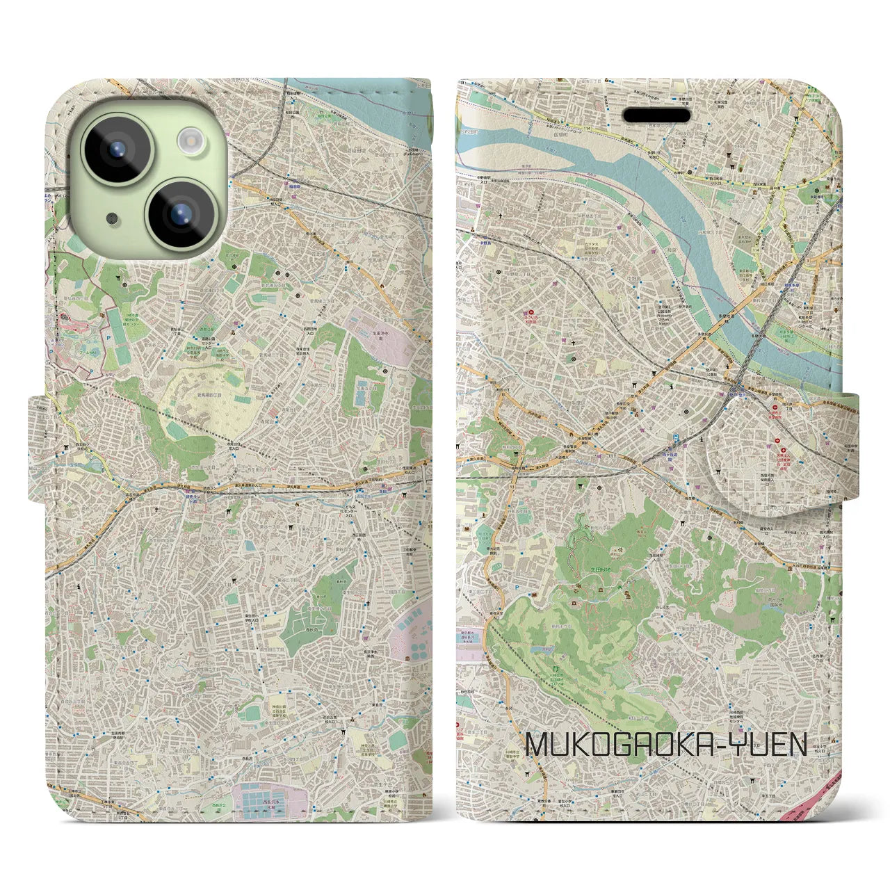 【向ヶ丘遊園(神奈川県)】地図柄iPhoneケース(手帳タイプ)ナチュラル・iPhone 15 用