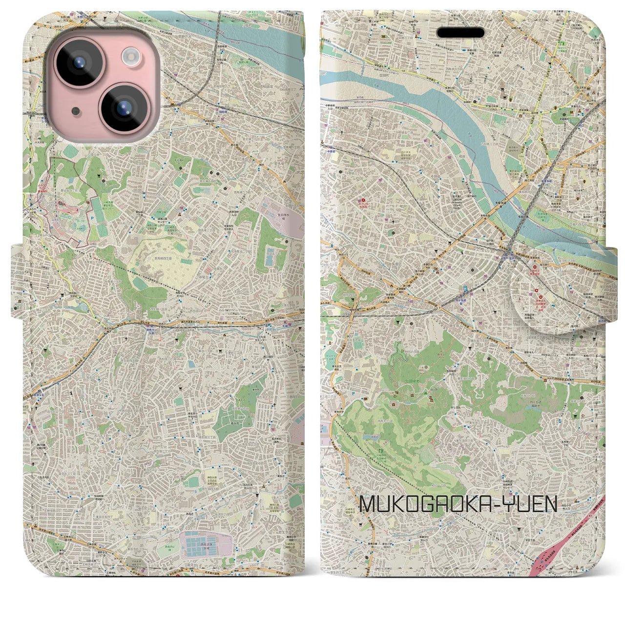 【向ヶ丘遊園(神奈川県)】地図柄iPhoneケース(手帳タイプ)ナチュラル・iPhone 15 Plus 用
