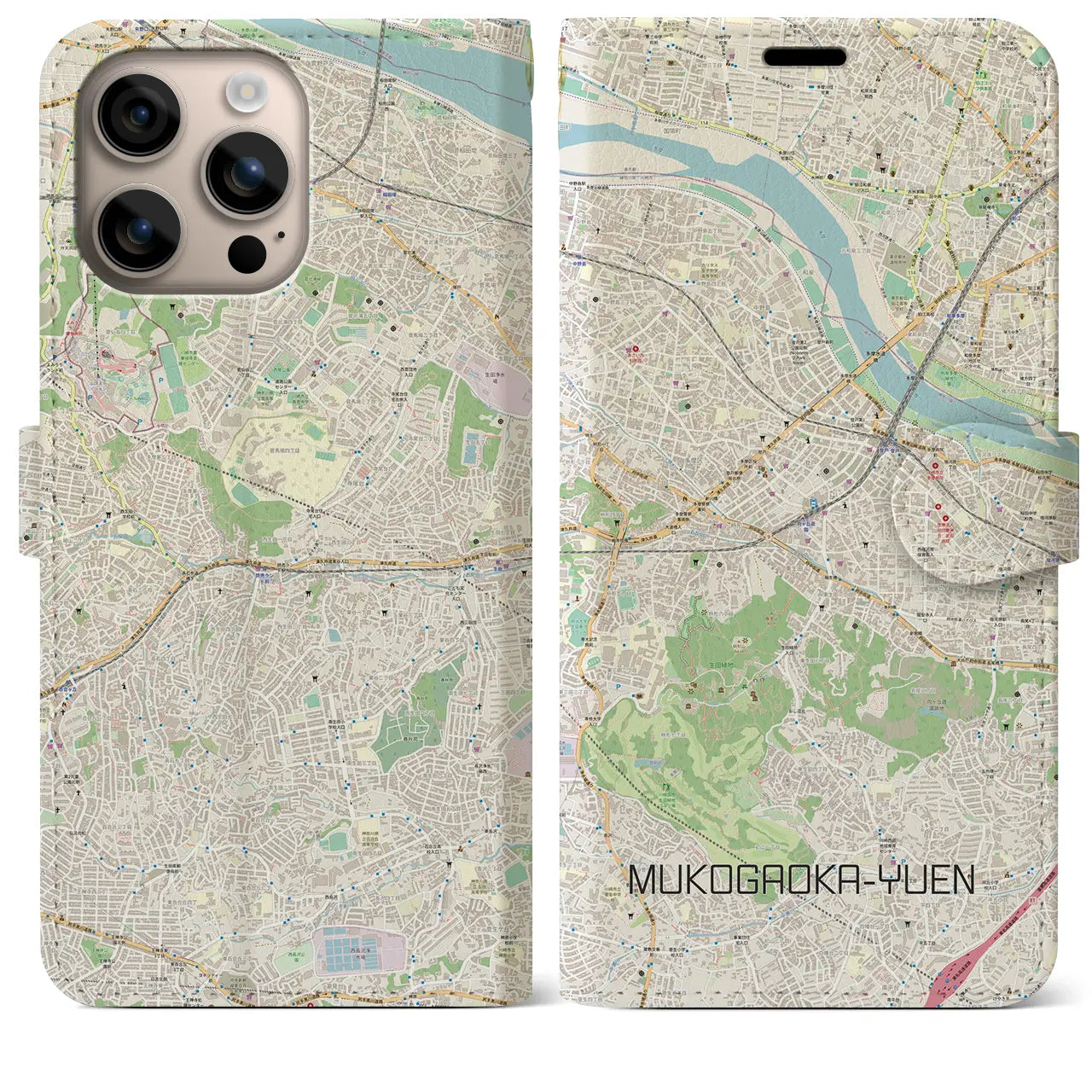 【向ヶ丘遊園(神奈川県)】地図柄iPhoneケース(手帳タイプ)ナチュラル・iPhone 16 Plus 用