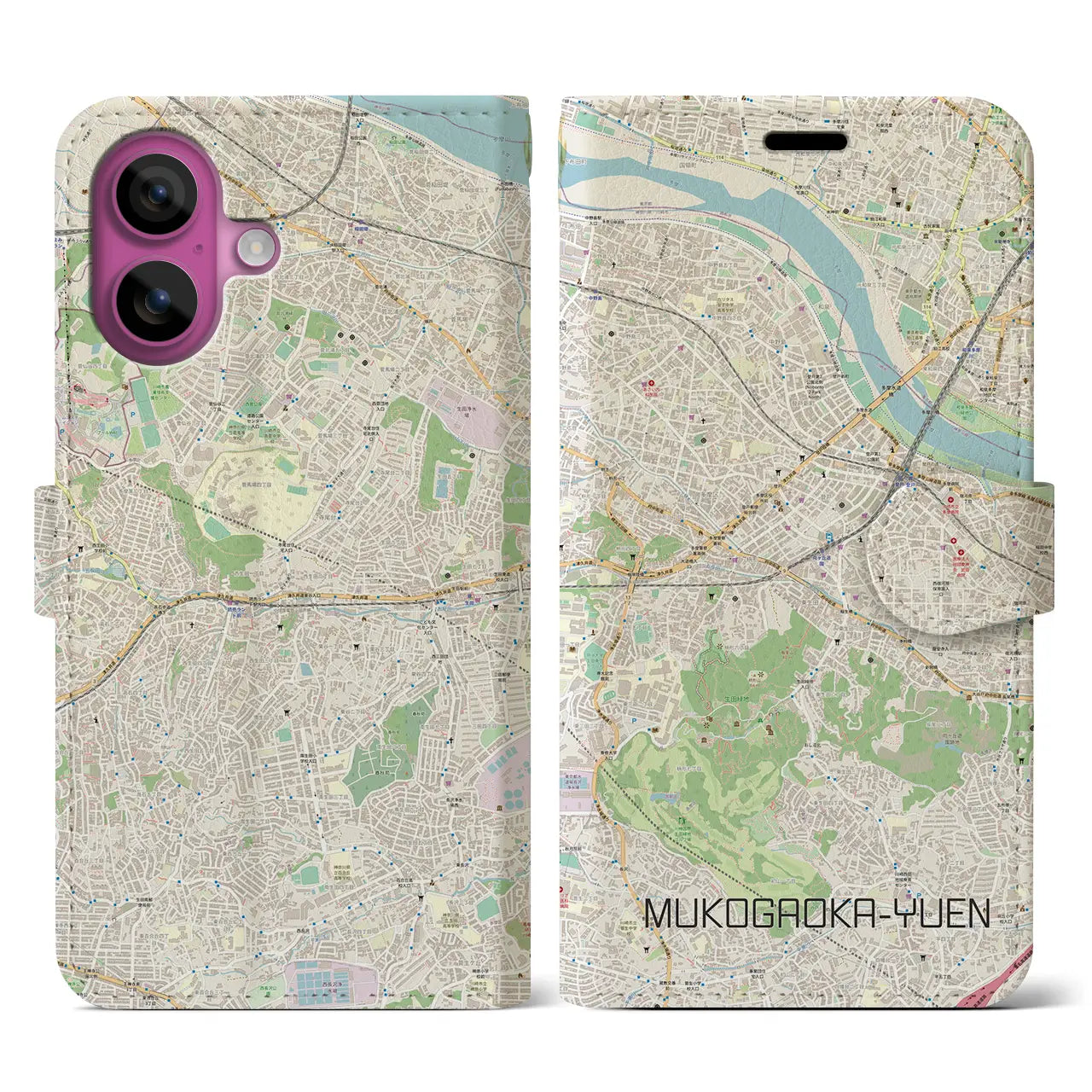 【向ヶ丘遊園(神奈川県)】地図柄iPhoneケース(手帳タイプ)ナチュラル・iPhone 16 Pro 用