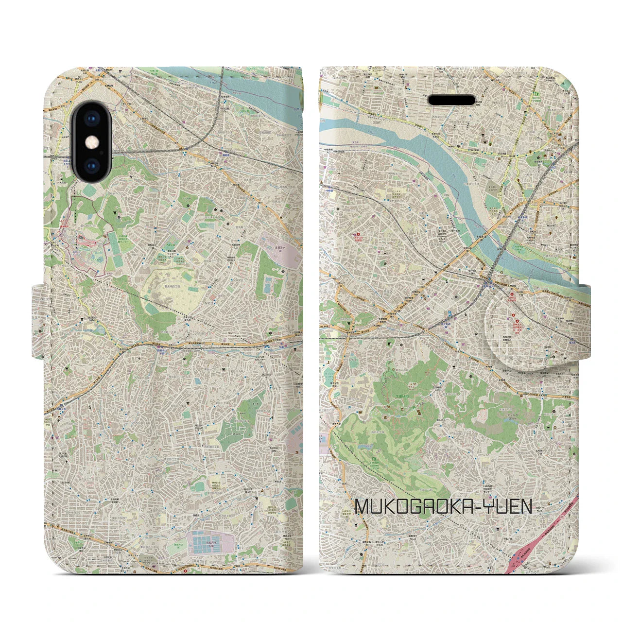 【向ヶ丘遊園(神奈川県)】地図柄iPhoneケース(手帳タイプ)ナチュラル・iPhone XS / X 用