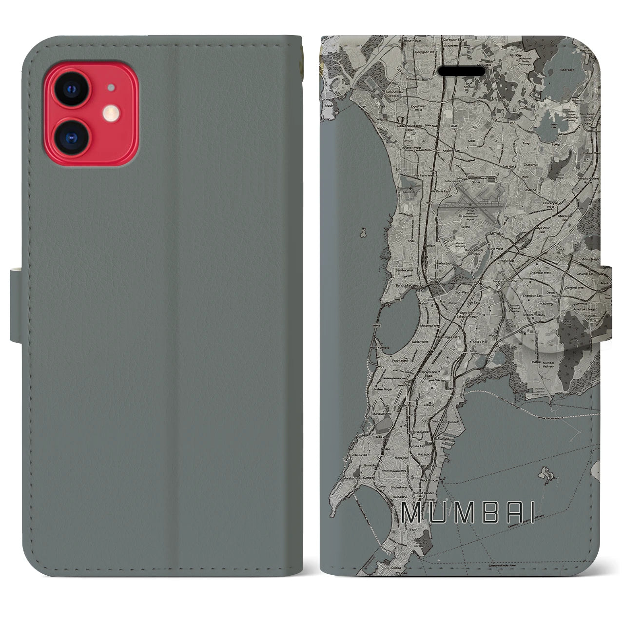 【ムンバイ(インド)】地図柄iPhoneケース(手帳タイプ)モノトーン・iPhone 11 用
