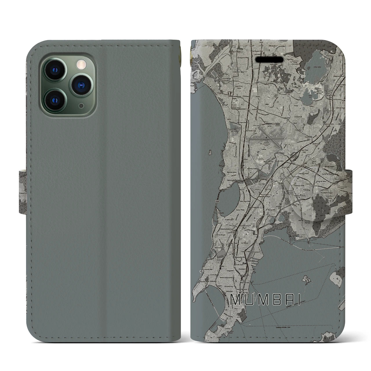【ムンバイ(インド)】地図柄iPhoneケース(手帳タイプ)モノトーン・iPhone 11 Pro 用
