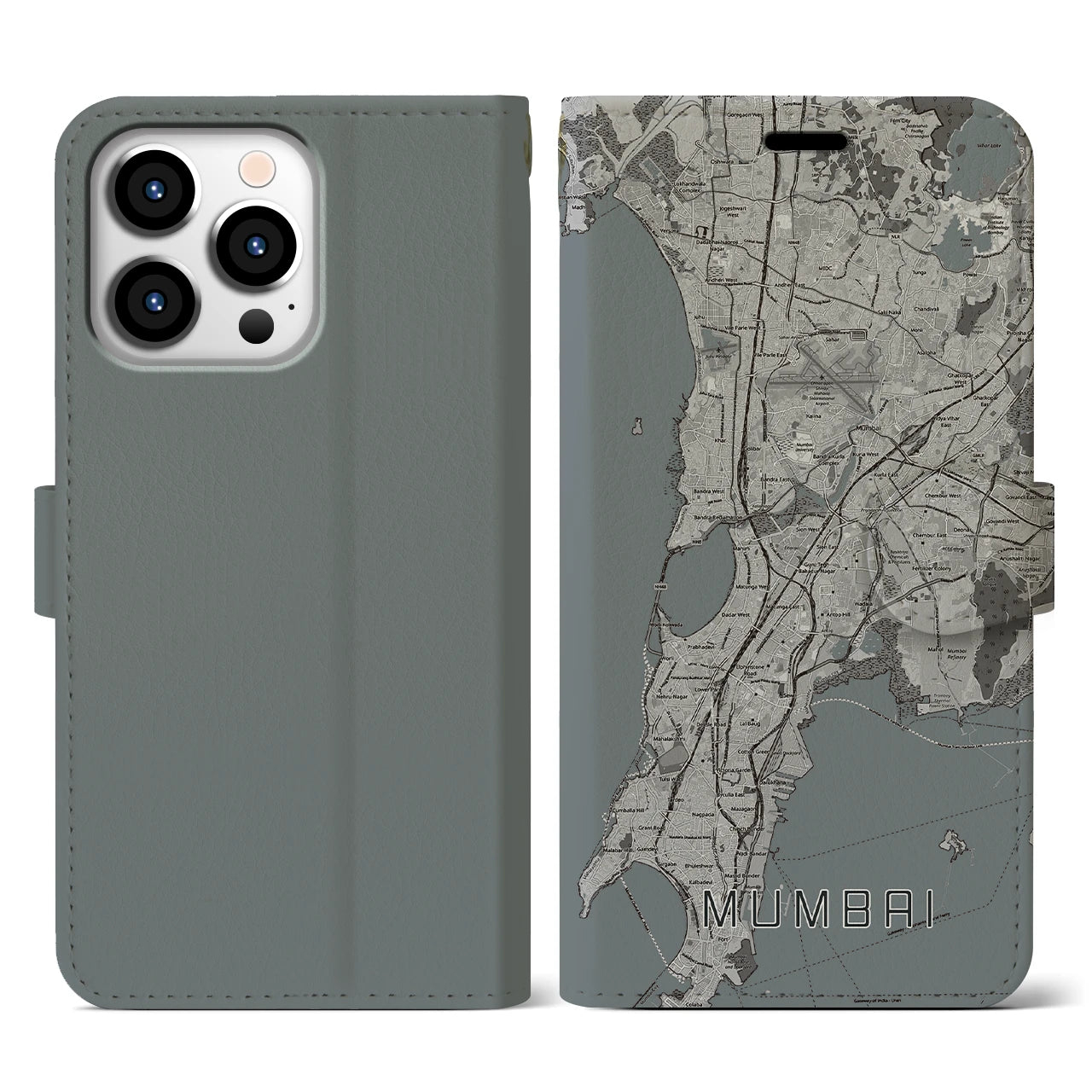 【ムンバイ(インド)】地図柄iPhoneケース(手帳タイプ)モノトーン・iPhone 13 Pro 用