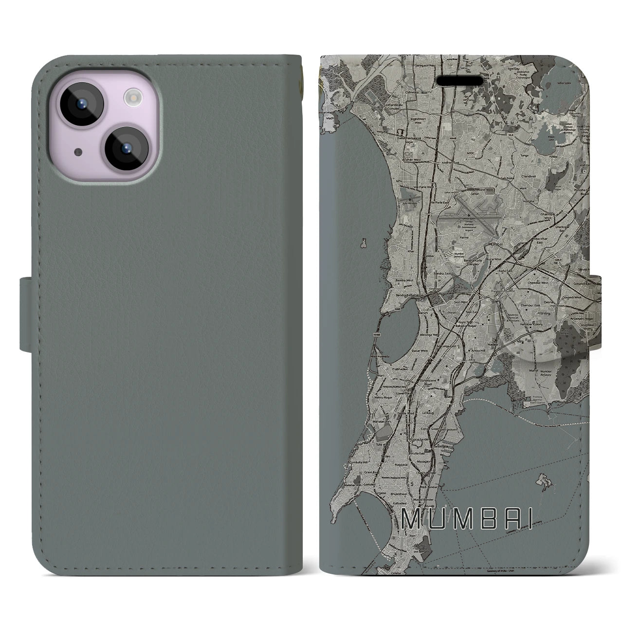 【ムンバイ(インド)】地図柄iPhoneケース(手帳タイプ)モノトーン・iPhone 14 用