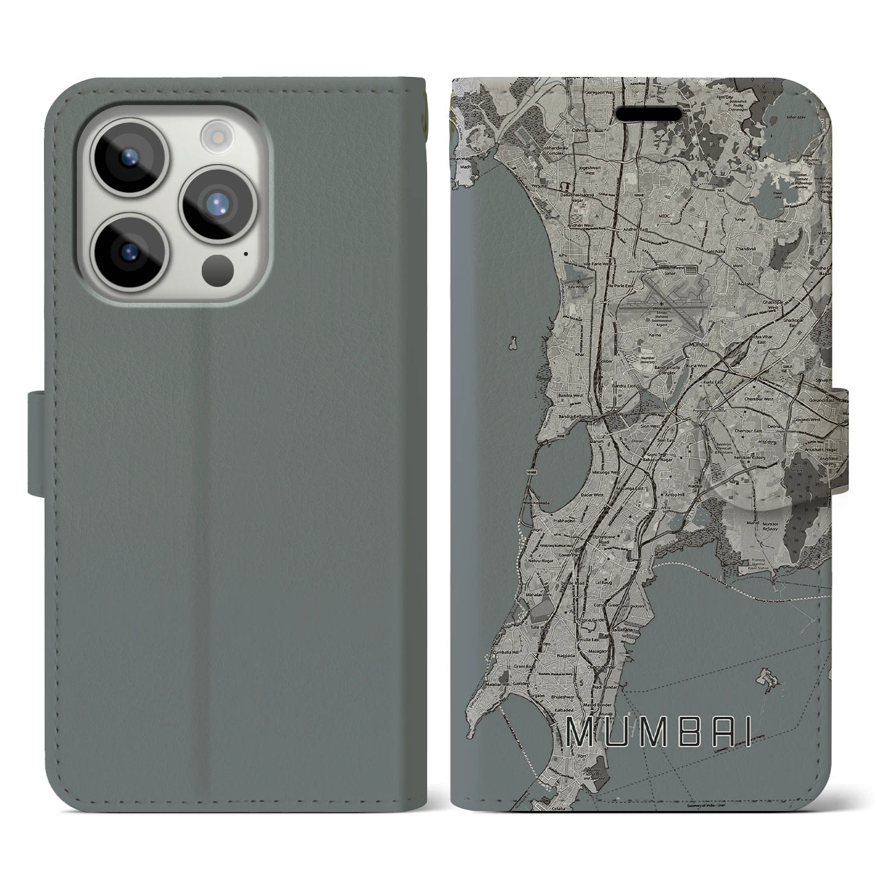 【ムンバイ(インド)】地図柄iPhoneケース(手帳タイプ)モノトーン・iPhone 15 Pro 用