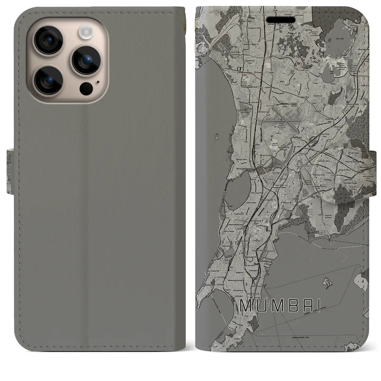 【ムンバイ(インド)】地図柄iPhoneケース(手帳タイプ)モノトーン・iPhone 16 Plus 用