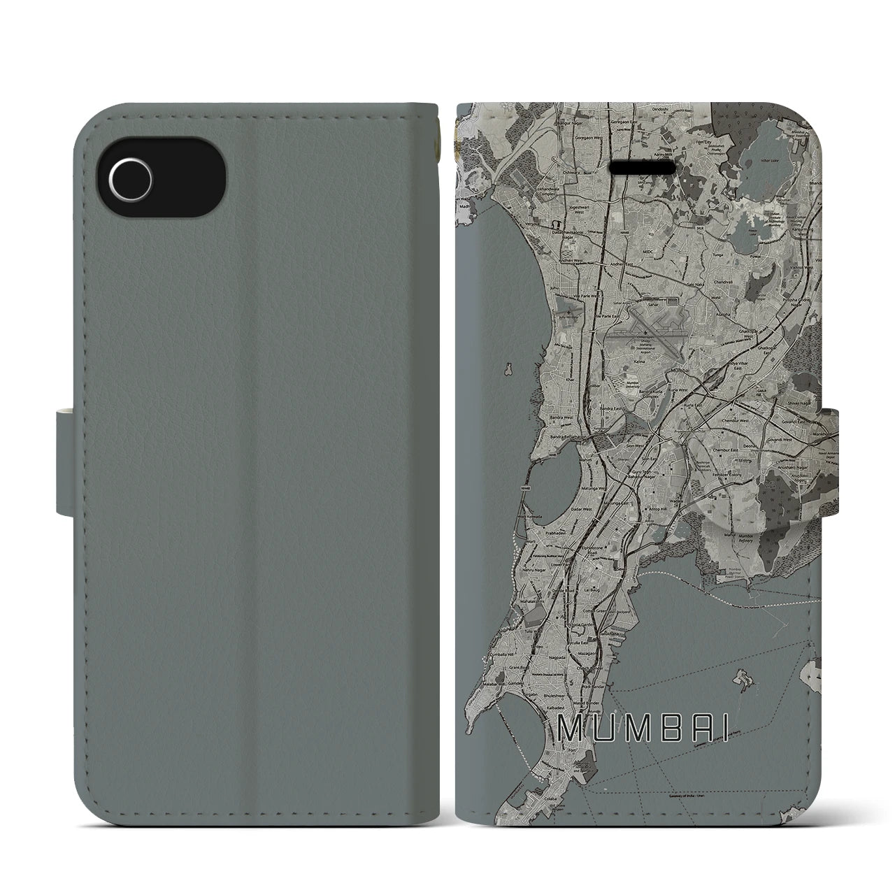 【ムンバイ(インド)】地図柄iPhoneケース(手帳タイプ)モノトーン・iPhone SE(第3 / 第2世代) / 8 / 7 / 6s / 6 用