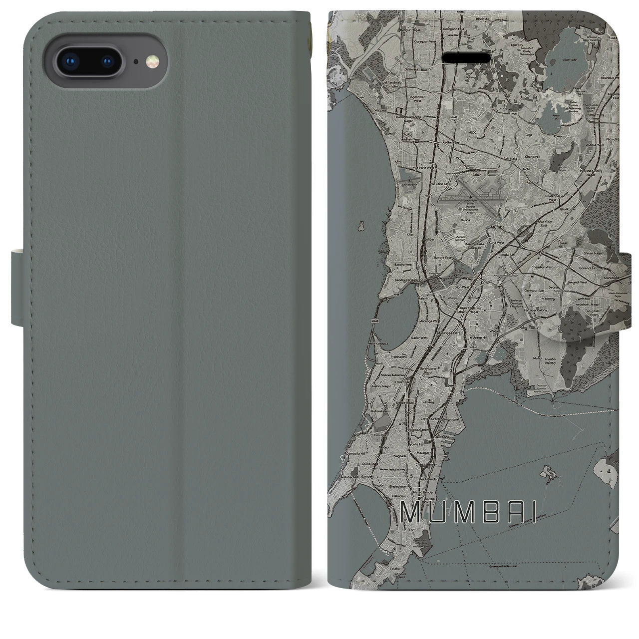 【ムンバイ(インド)】地図柄iPhoneケース(手帳タイプ)モノトーン・iPhone 8Plus /7Plus / 6sPlus / 6Plus 用