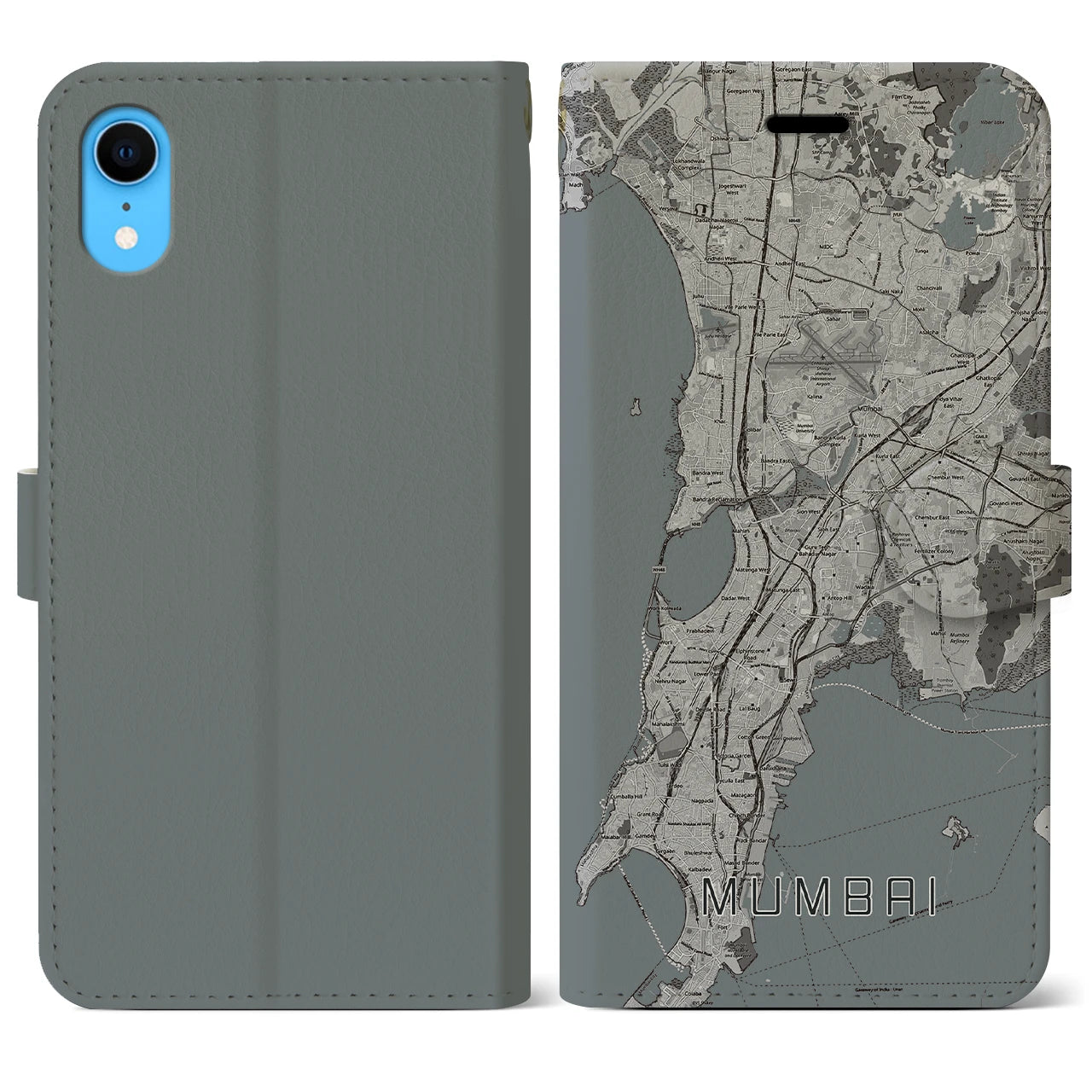 【ムンバイ(インド)】地図柄iPhoneケース(手帳タイプ)モノトーン・iPhone XR 用