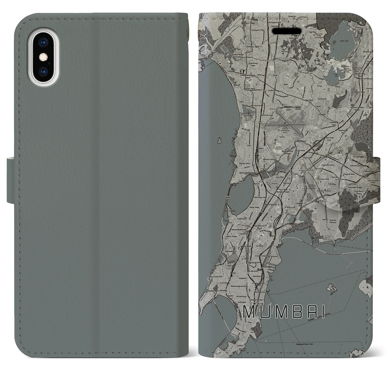 【ムンバイ(インド)】地図柄iPhoneケース(手帳タイプ)モノトーン・iPhone XS Max 用