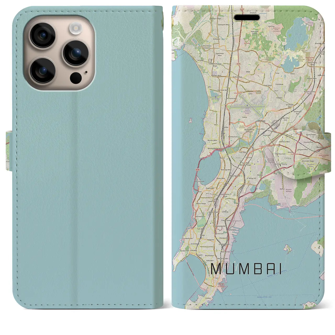 【ムンバイ(インド)】地図柄iPhoneケース(手帳タイプ)ナチュラル・iPhone 16 Plus 用