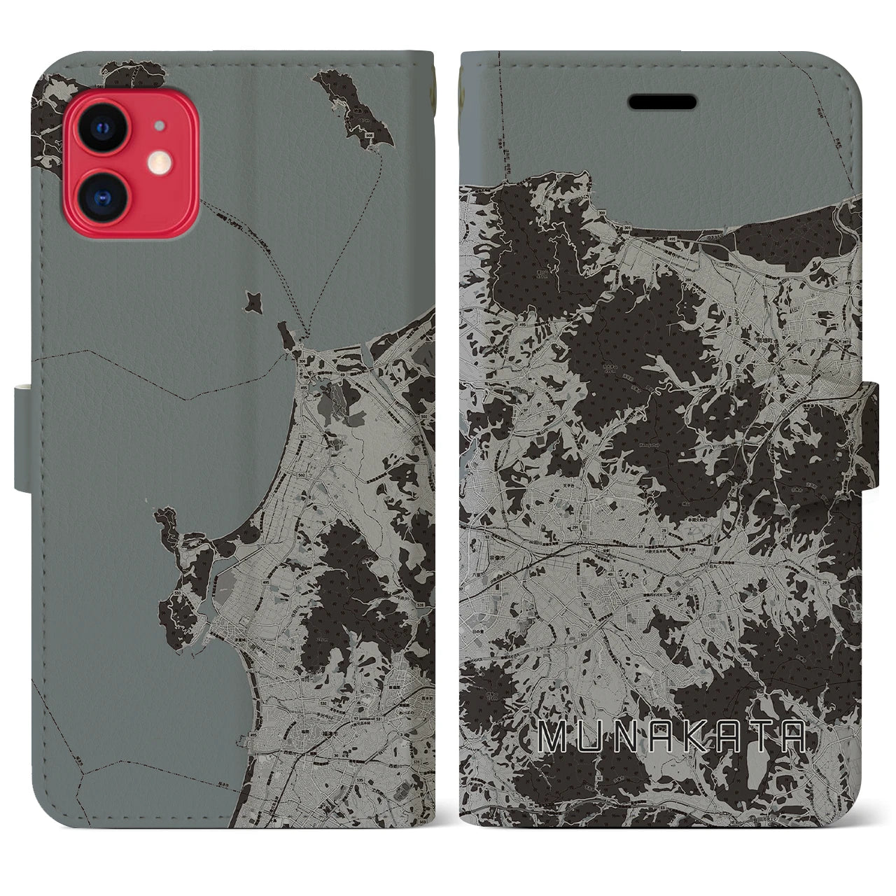【宗像(福岡県)】地図柄iPhoneケース(手帳タイプ)モノトーン・iPhone 11 用