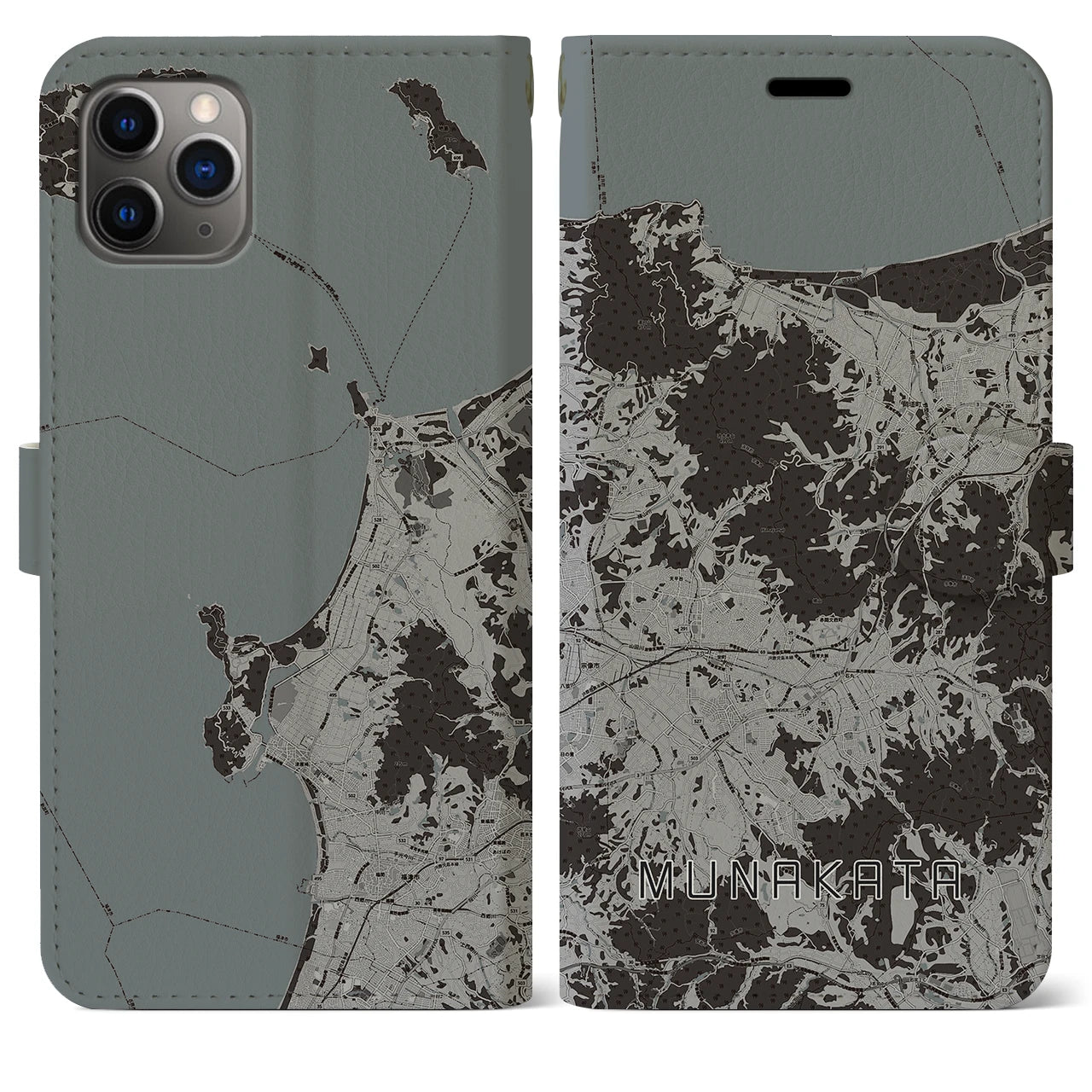【宗像(福岡県)】地図柄iPhoneケース(手帳タイプ)モノトーン・iPhone 11 Pro Max 用