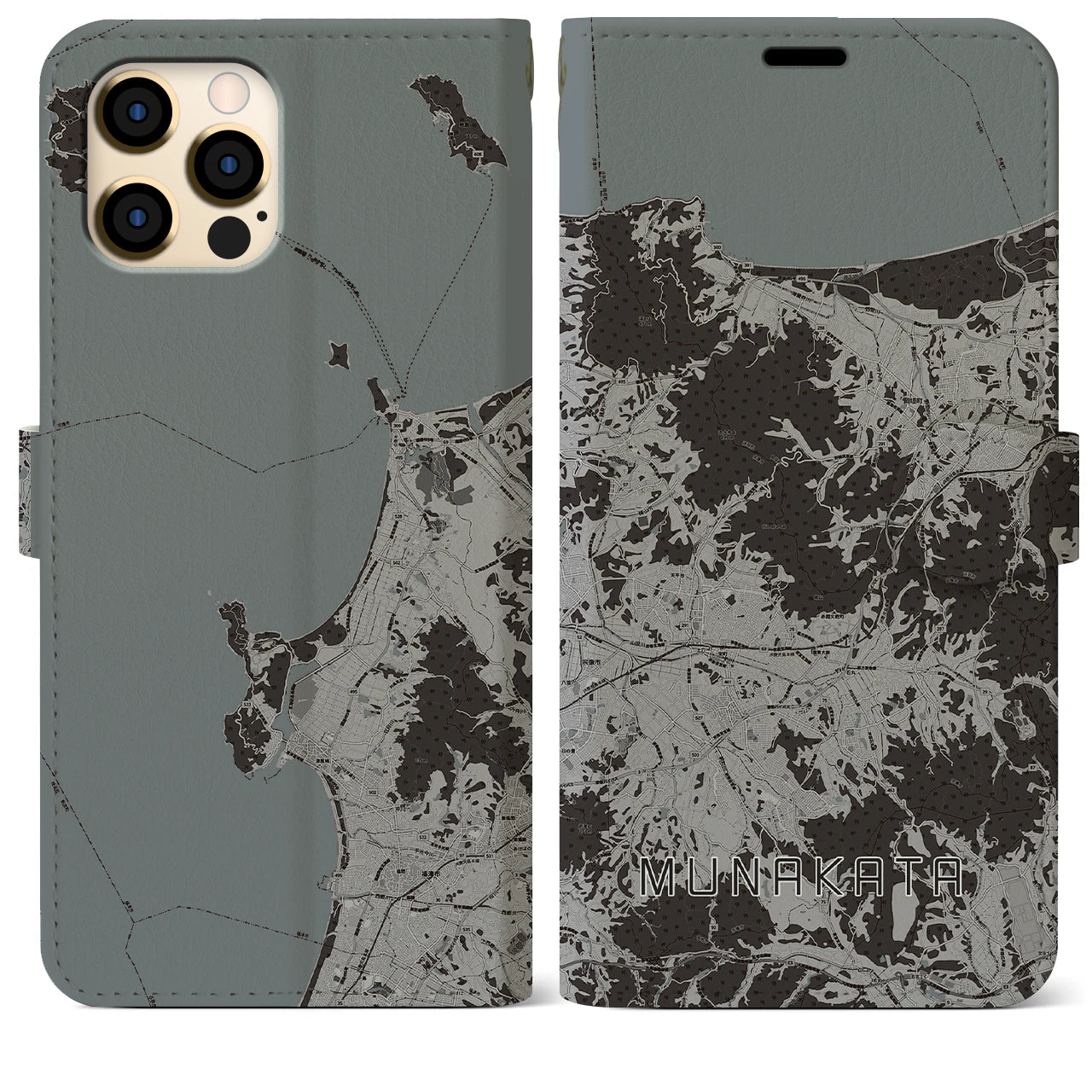 【宗像(福岡県)】地図柄iPhoneケース(手帳タイプ)モノトーン・iPhone 12 Pro Max 用