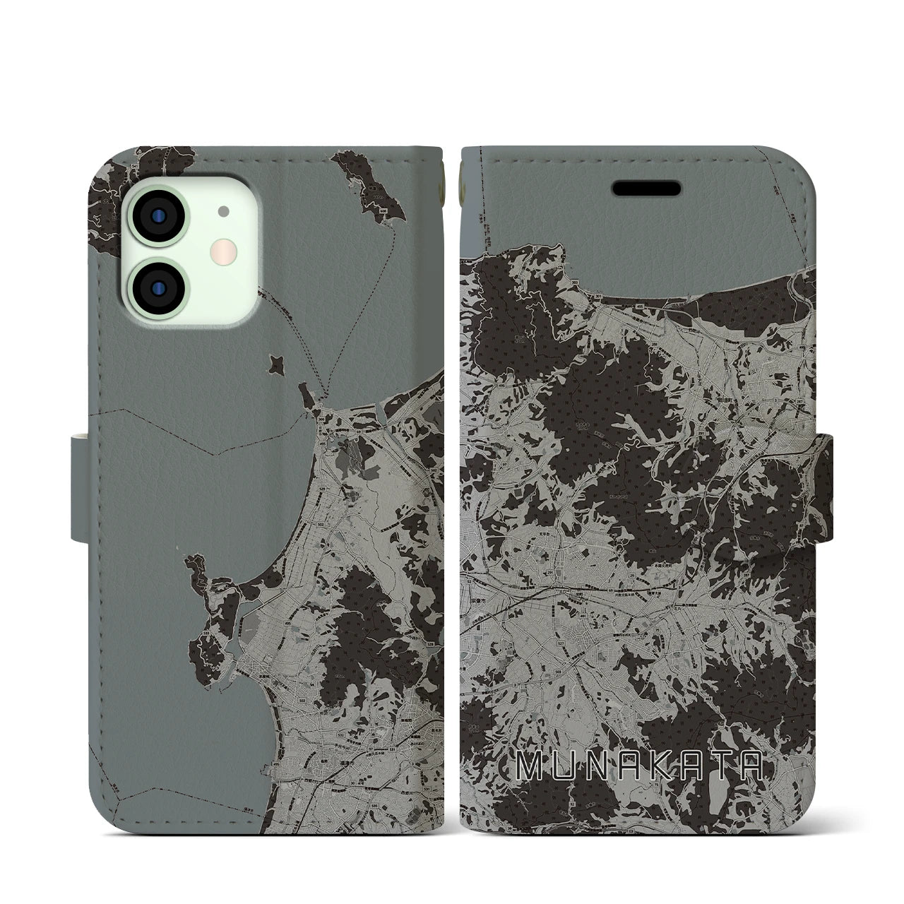 【宗像(福岡県)】地図柄iPhoneケース(手帳タイプ)モノトーン・iPhone 12 mini 用