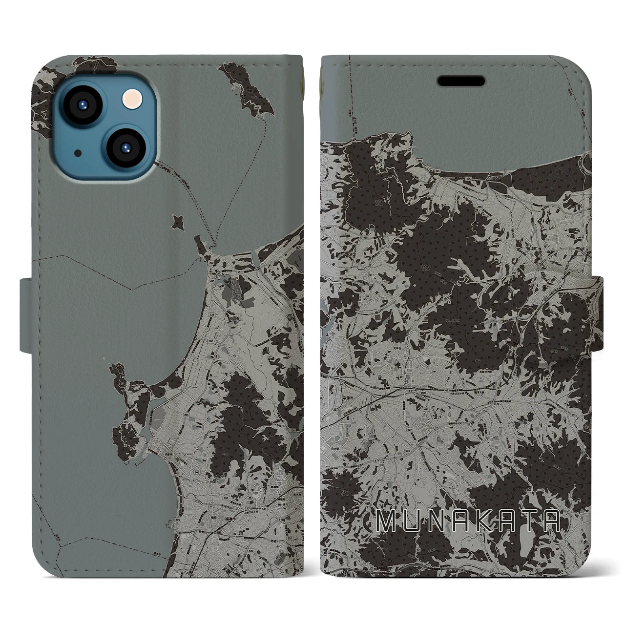 【宗像(福岡県)】地図柄iPhoneケース(手帳タイプ)モノトーン・iPhone 13 用