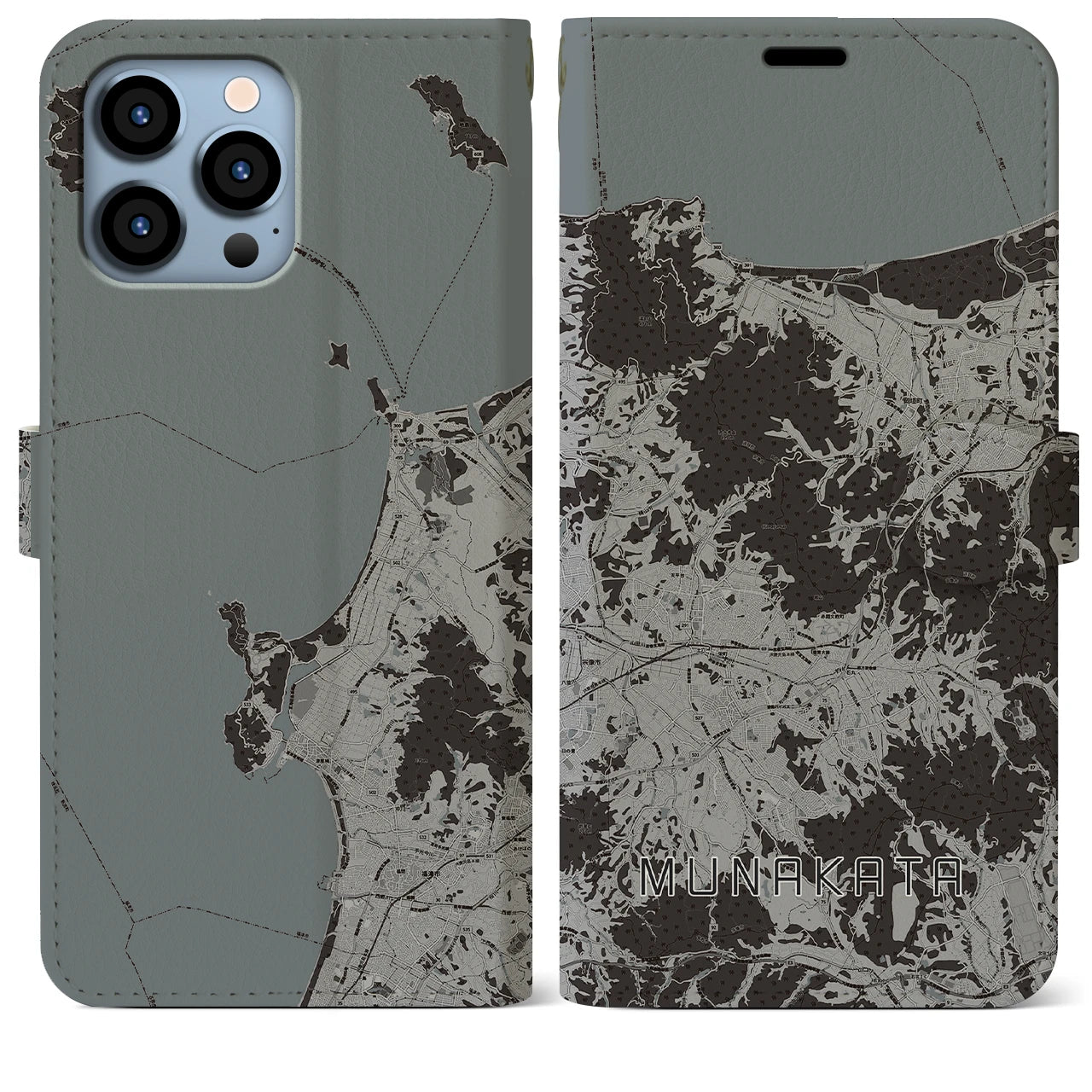 【宗像(福岡県)】地図柄iPhoneケース(手帳タイプ)モノトーン・iPhone 13 Pro Max 用