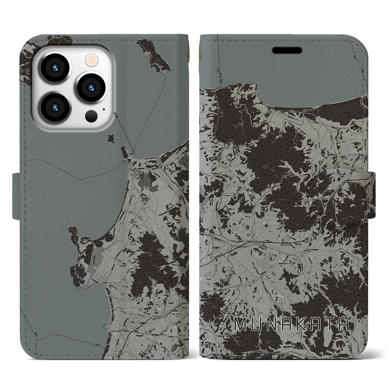 【宗像(福岡県)】地図柄iPhoneケース(手帳タイプ)モノトーン・iPhone 13 Pro 用