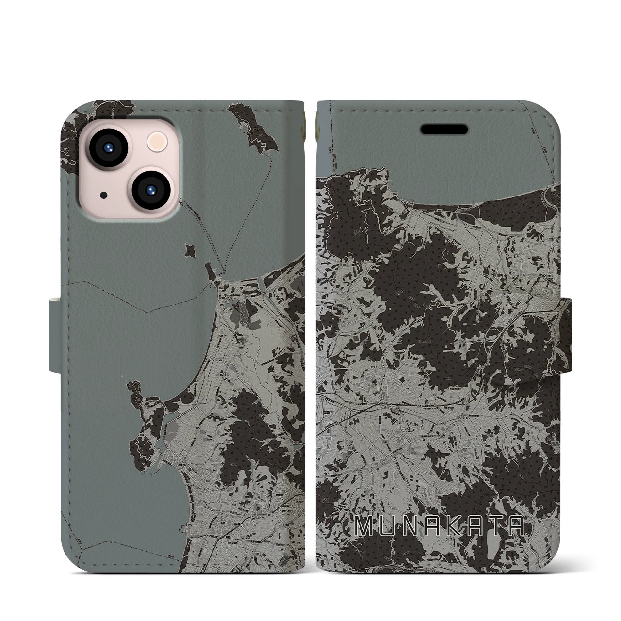 【宗像(福岡県)】地図柄iPhoneケース(手帳タイプ)モノトーン・iPhone 13 mini 用