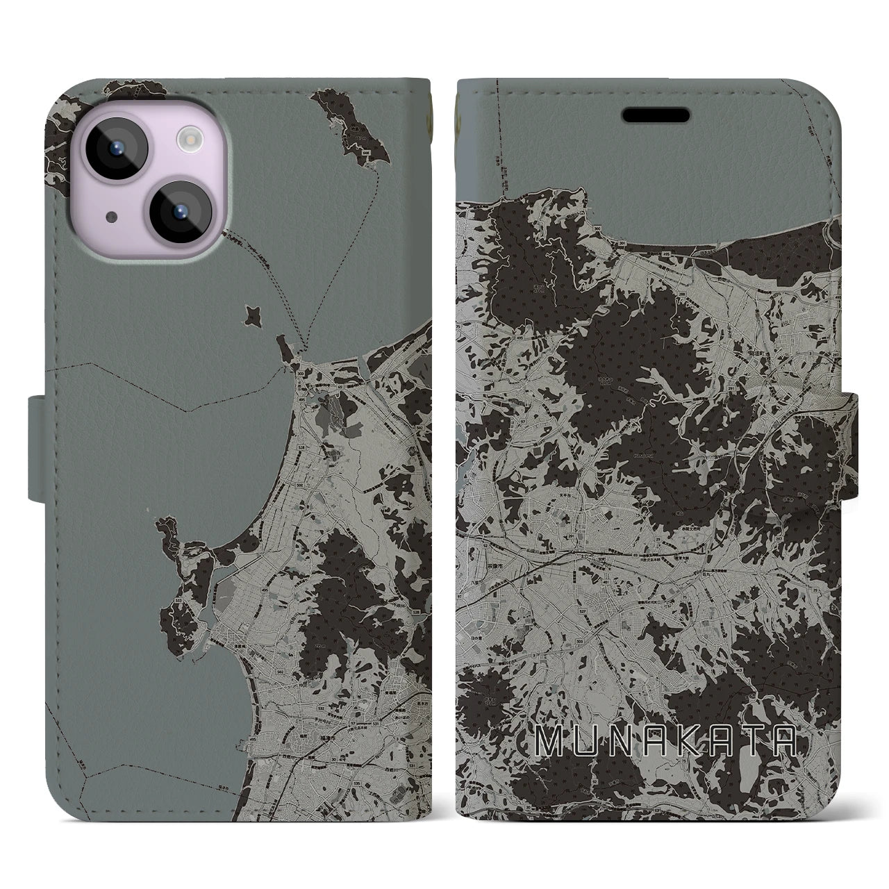 【宗像(福岡県)】地図柄iPhoneケース(手帳タイプ)モノトーン・iPhone 14 用