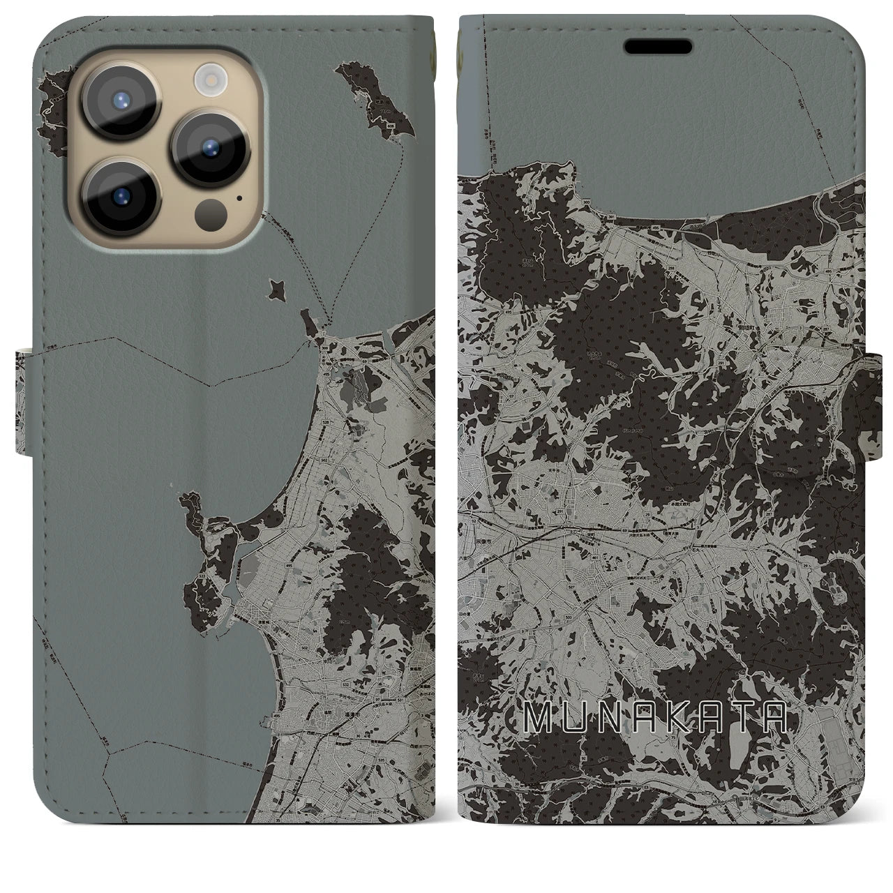 【宗像(福岡県)】地図柄iPhoneケース(手帳タイプ)モノトーン・iPhone 14 Pro Max 用