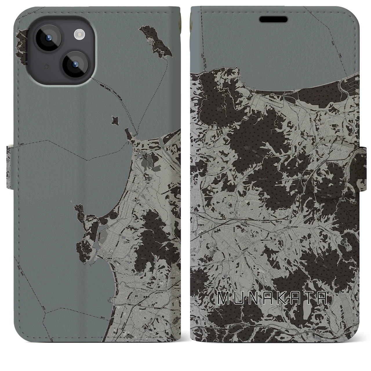 【宗像(福岡県)】地図柄iPhoneケース(手帳タイプ)モノトーン・iPhone 14 Plus 用