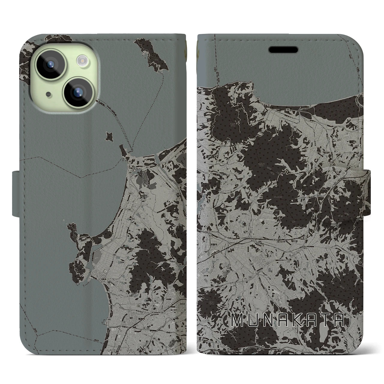 【宗像(福岡県)】地図柄iPhoneケース(手帳タイプ)モノトーン・iPhone 15 用