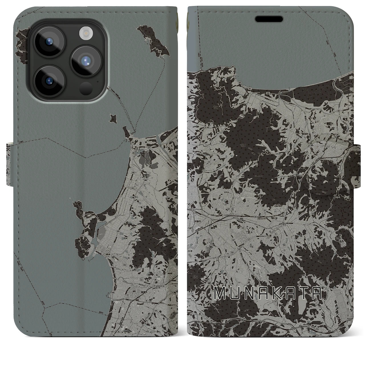 【宗像(福岡県)】地図柄iPhoneケース(手帳タイプ)モノトーン・iPhone 15 Pro Max 用