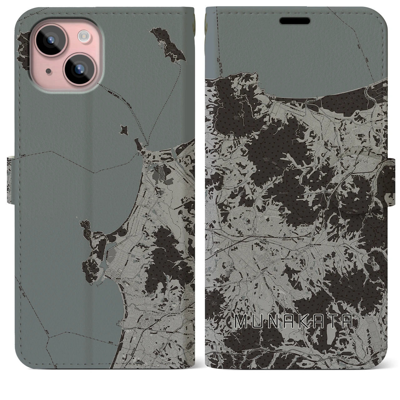 【宗像(福岡県)】地図柄iPhoneケース(手帳タイプ)モノトーン・iPhone 15 Plus 用