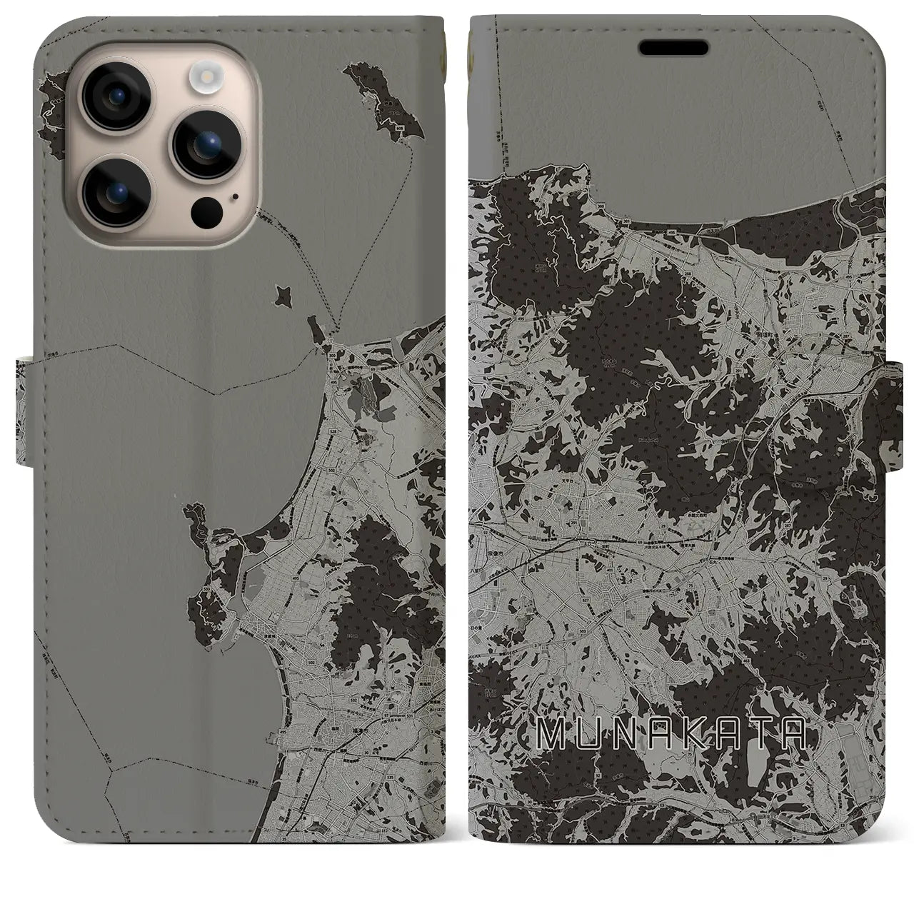【宗像(福岡県)】地図柄iPhoneケース(手帳タイプ)モノトーン・iPhone 16 Plus 用