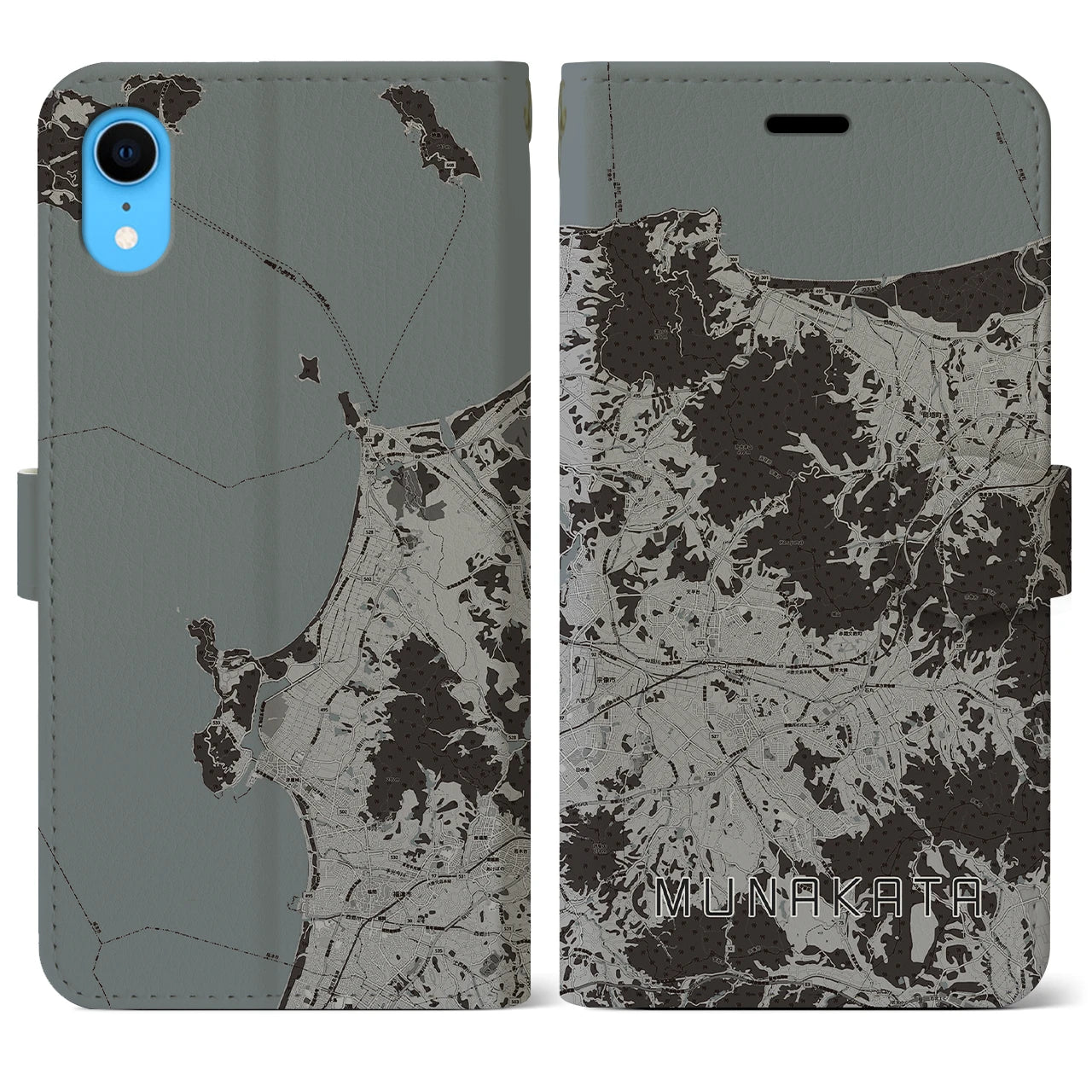【宗像(福岡県)】地図柄iPhoneケース(手帳タイプ)モノトーン・iPhone XR 用