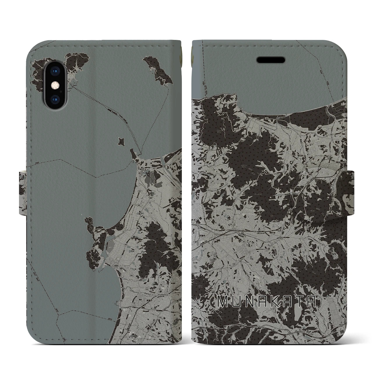 【宗像(福岡県)】地図柄iPhoneケース(手帳タイプ)モノトーン・iPhone XS / X 用