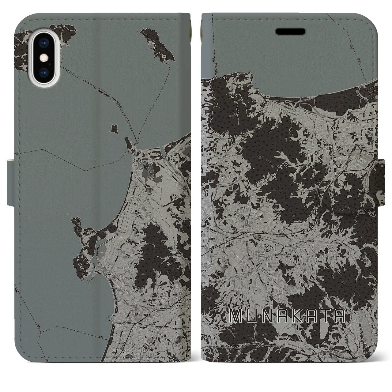 【宗像(福岡県)】地図柄iPhoneケース(手帳タイプ)モノトーン・iPhone XS Max 用