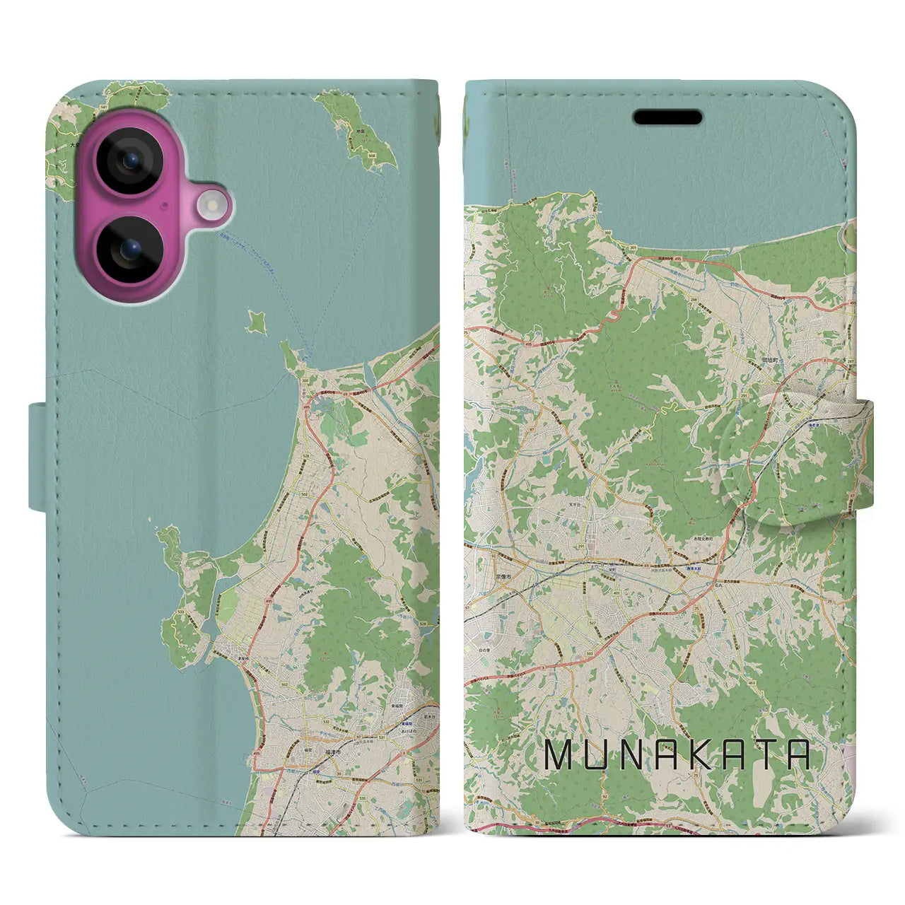【宗像(福岡県)】地図柄iPhoneケース(手帳タイプ)ナチュラル・iPhone 16 Pro 用