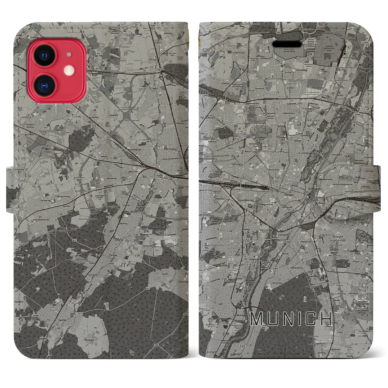 【ミュンヘン(ドイツ)】地図柄iPhoneケース(手帳タイプ)モノトーン・iPhone 11 用