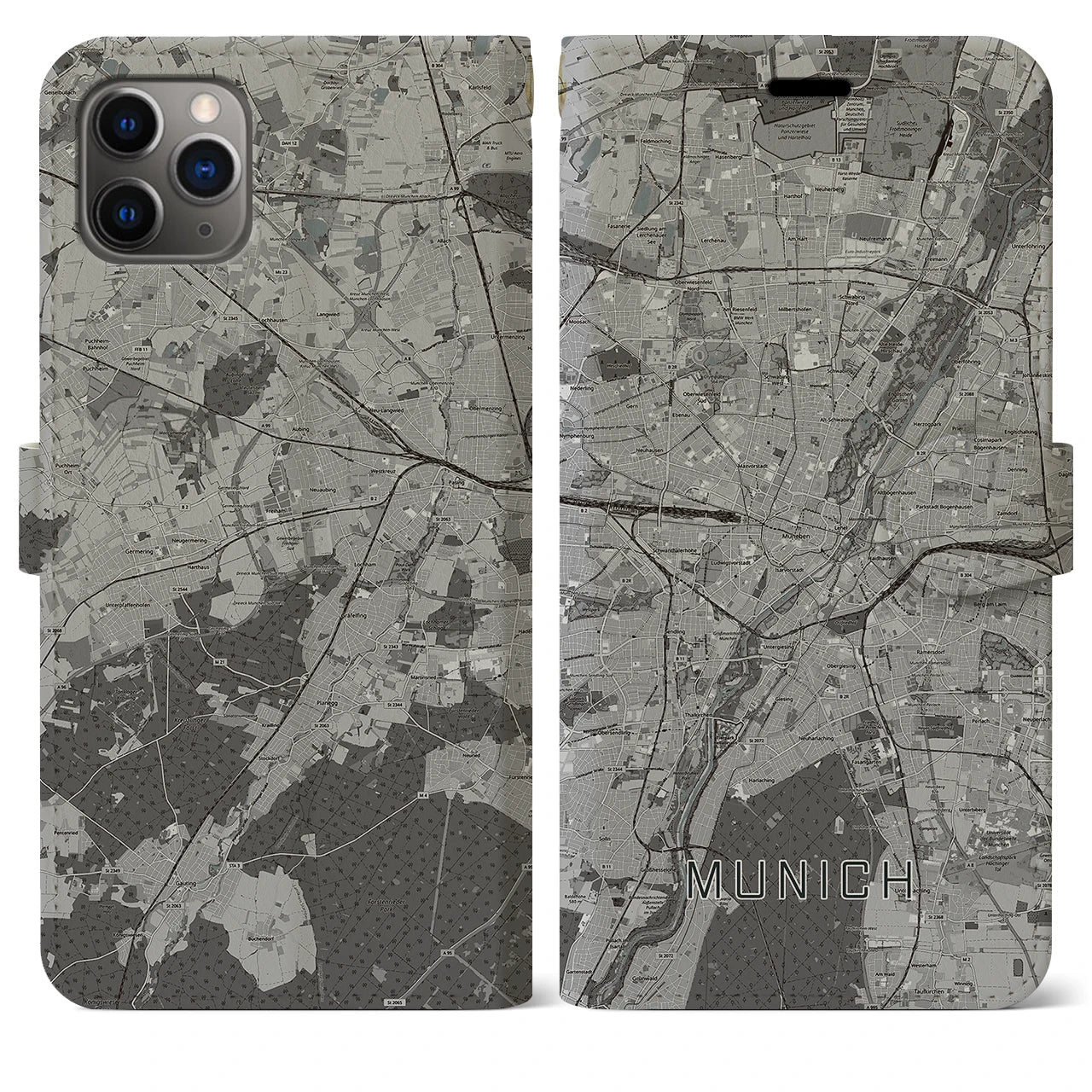 【ミュンヘン(ドイツ)】地図柄iPhoneケース(手帳タイプ)モノトーン・iPhone 11 Pro Max 用