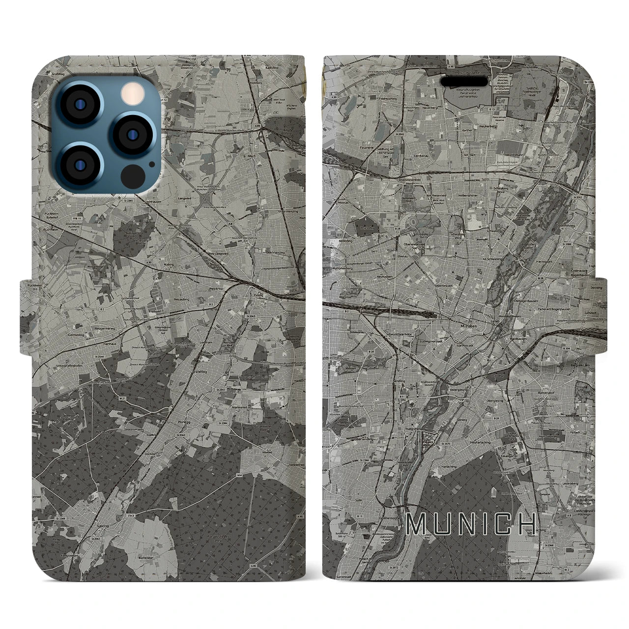 【ミュンヘン(ドイツ)】地図柄iPhoneケース(手帳タイプ)モノトーン・iPhone 12 / 12 Pro 用
